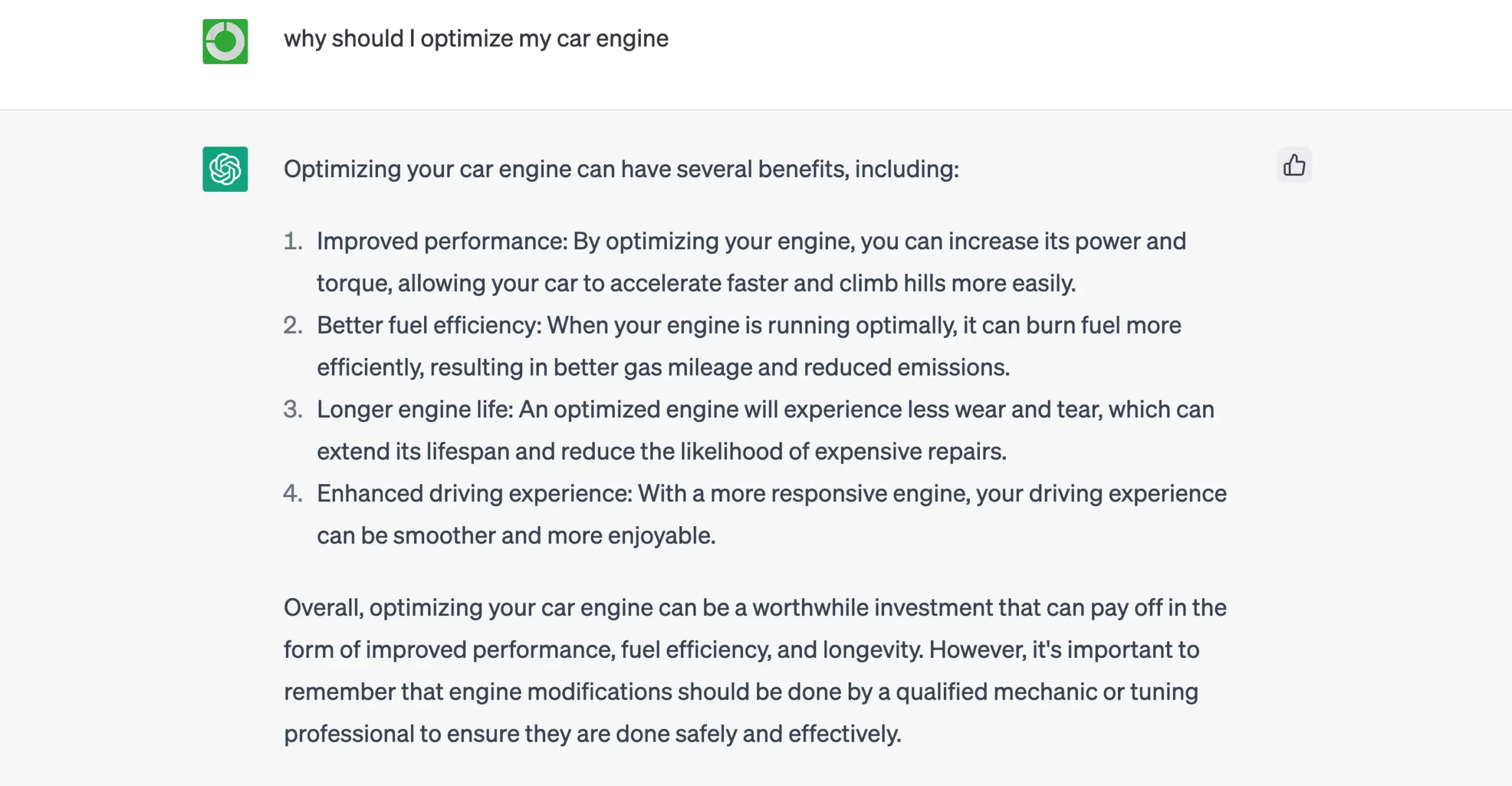 Chat GPT:s svar på varför man ska optimera sin bilmotor.